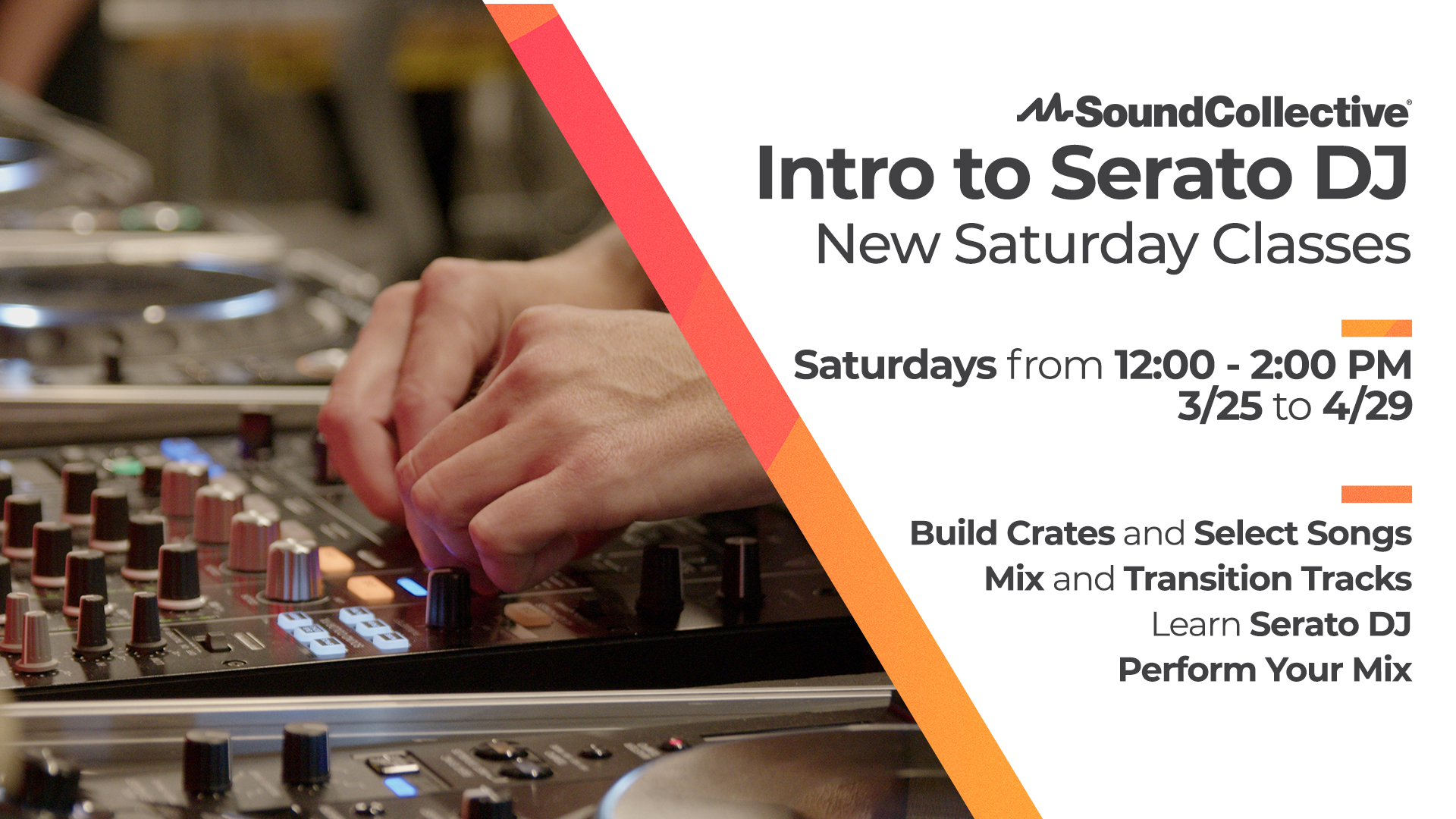 Intro to Serato DJ flyer with a DJ scratching on turntables